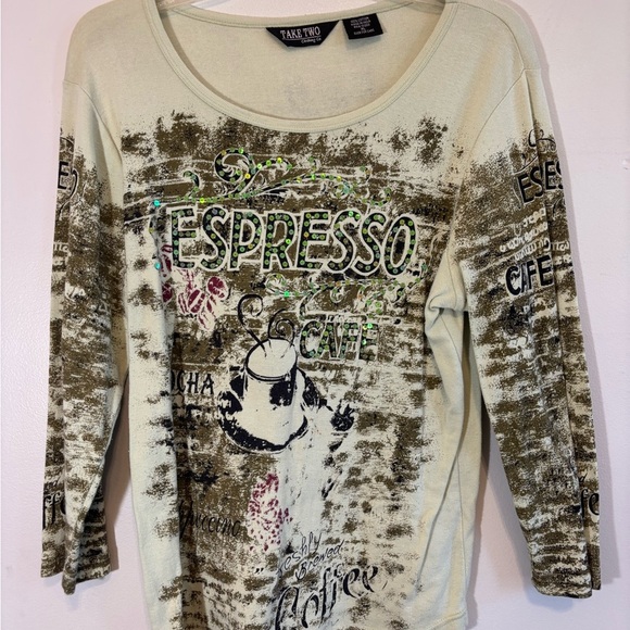 Y2K Sequin Printed Beaded Long Sleeve Espresso Graphic Top - Size XL(Fits Medium - Picture 4 of 11